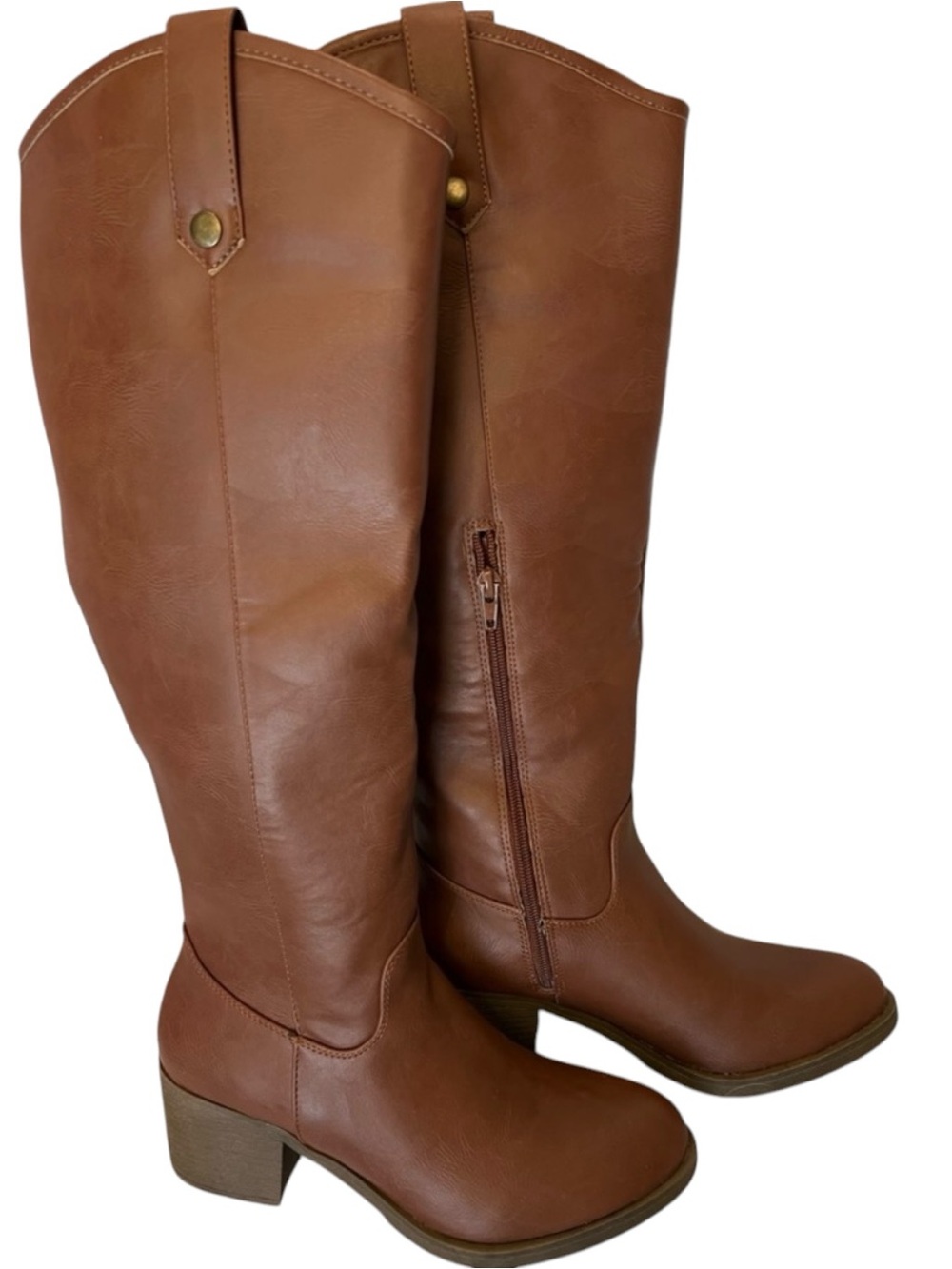 Sugar Womens Tall Riding Boots Cognac Brown Side Zip Low Heel Knee High Size 10